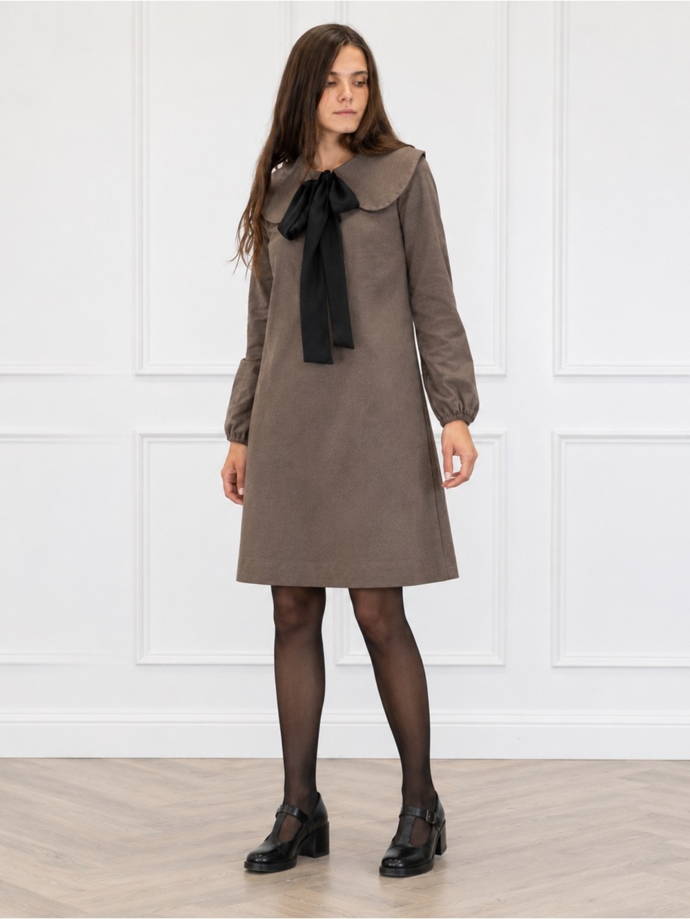Udel NY Taupe Brown Long Gathered Sleeve A-Line Dress with Peter Pan Collar XS